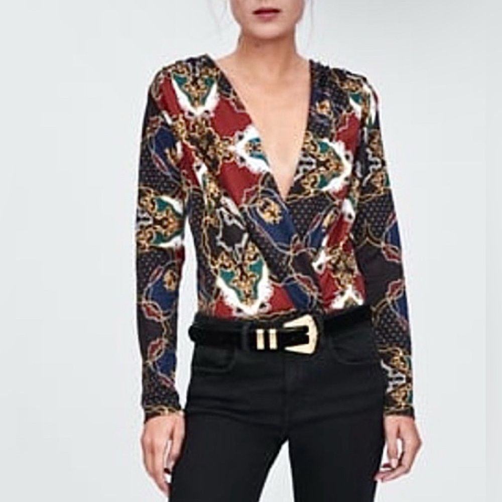 Zara Nautical Wrap Bodysuit Top Blue Burgundy Gold Chain Print MEDIUM Colorful